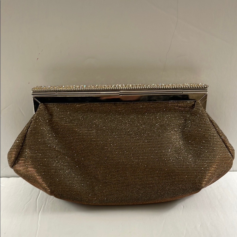 Mon Cheri Brown and Gold Pleated Clutch / Purse with Rhinestone Closure - Picture 7 of 16